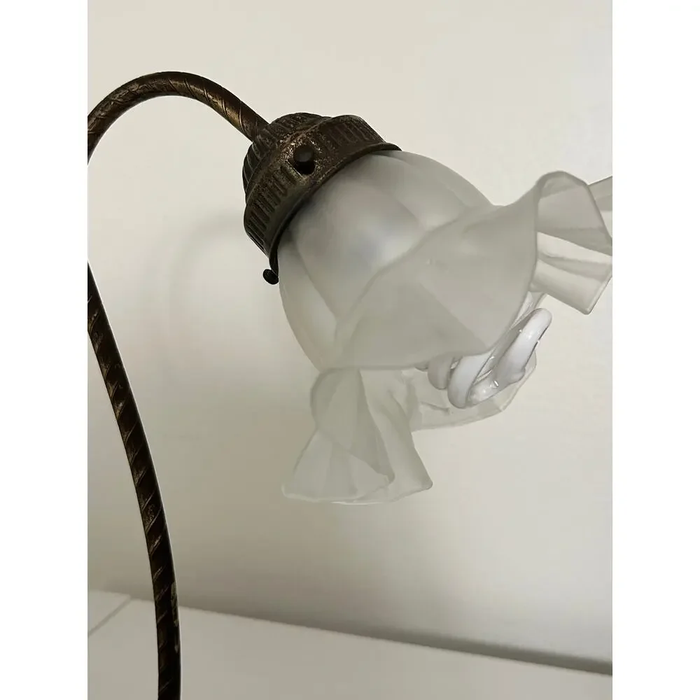1970s VINTAGE Art Nouveau Lily Pad Gooseneck Lamp Ruffled Glass Tulip Shade